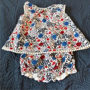 Toddler Floral Pom-Trim Dress & Bloomers Set - Red, Blue, Navy on White
